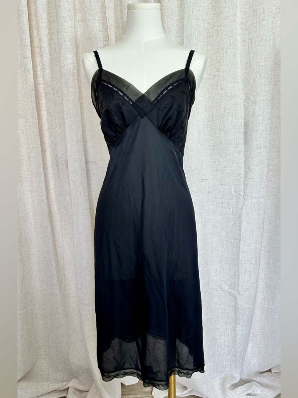 Vintage Black Lace-Trim Slip Dress with Sheer Accents